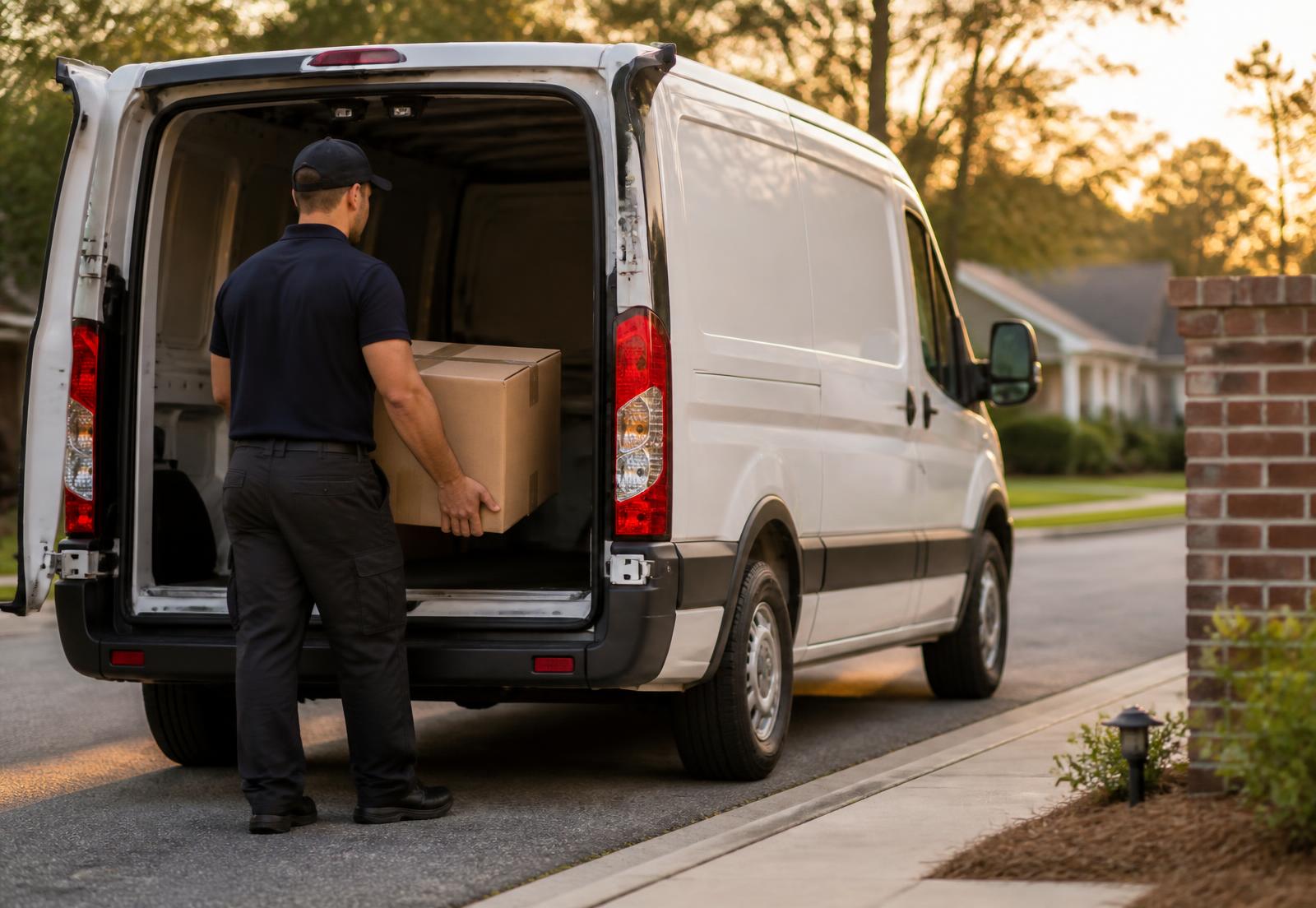 Courier loading a sealed package into a white cargo van on a suburban street